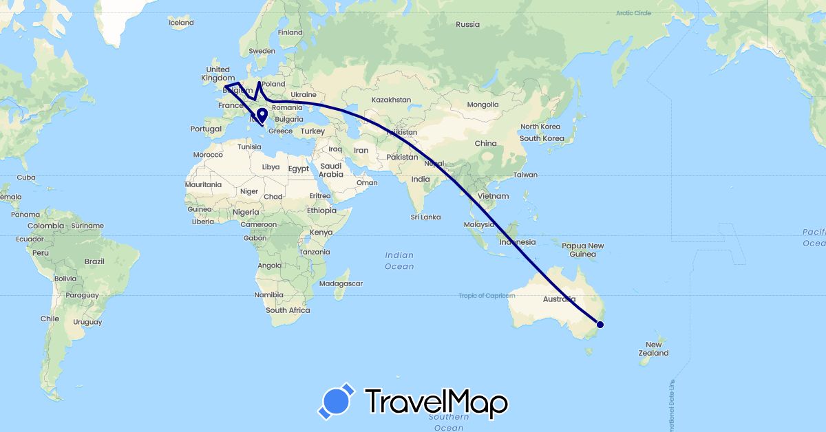 TravelMap itinerary: driving in Austria, Australia, Czech Republic, Germany, United Kingdom, Hungary, Italy, Netherlands (Europe, Oceania)